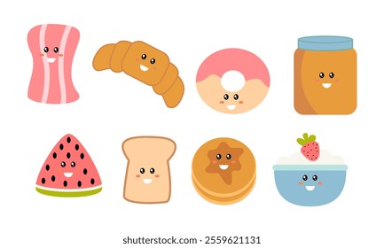 Breakfast Food Kawaii Doodle Set Vector Illustration