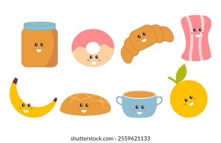 Breakfast Food Kawaii Doodle Set Vector Illustration