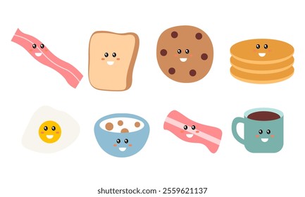 Breakfast Food Kawaii Doodle Set Vector Illustration