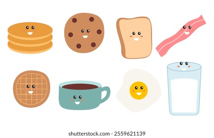 Breakfast Food Kawaii Doodle Set Vector Illustration