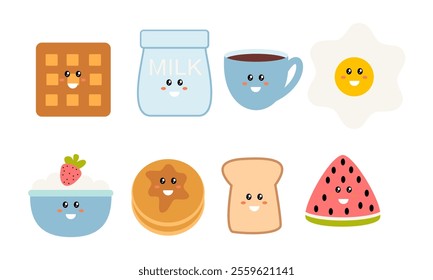 Breakfast Food Kawaii Doodle Set Vector Illustration