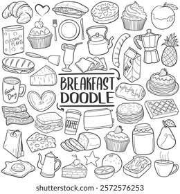 Breakfast Food Line Art Doodle Icons Sketch Hand Made Design Vector.