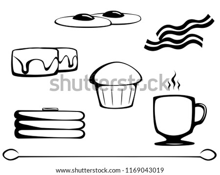 Breakfast food line art.  Includes bacon strips, sunny side up eggs, southern style biscuits with gravy, stack of pancakes, coffee, and a muffin.