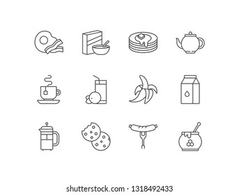 Breakfast food line icons set with fried egg, cereals, pancakes, teapot, cup, orange juice, banana, milk, coffee, cookies, sausage, honey.