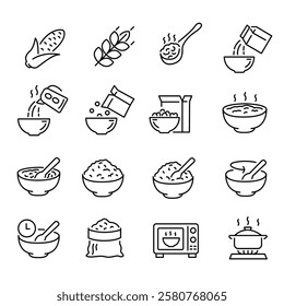 breakfast food line set icons, cereal, porridge, wheat, corn. Icon illustrator