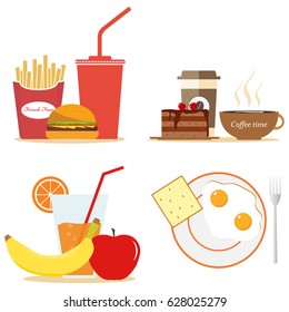 Breakfast food. Lunch coffee, orange and morning nutrition. Flat design, vector illustration, vector.
