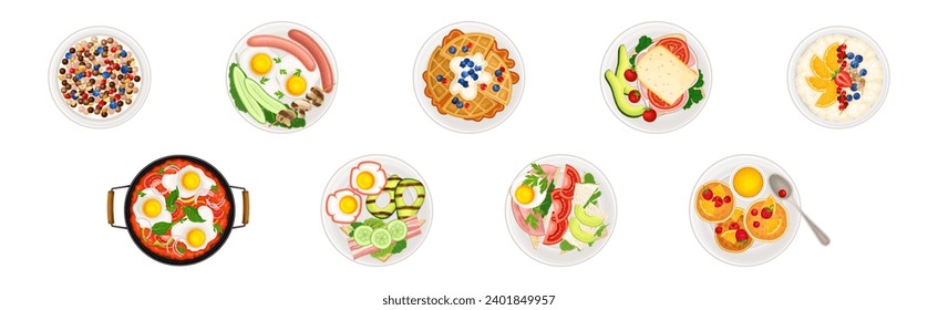 Breakfast Food and Meal Plating Above View Vector Set