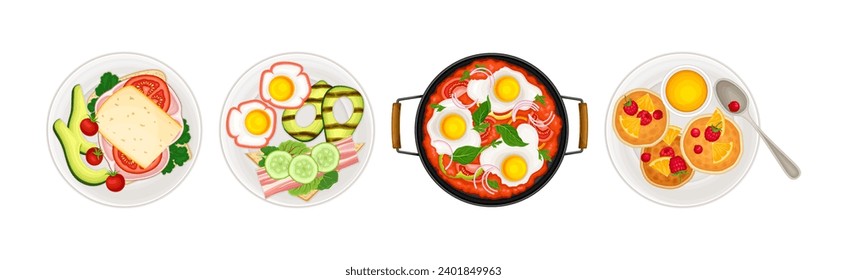 Breakfast Food and Meal Plating Above View Vector Set