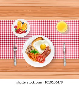 Breakfast food menu with fried egg and berries on wooden table
