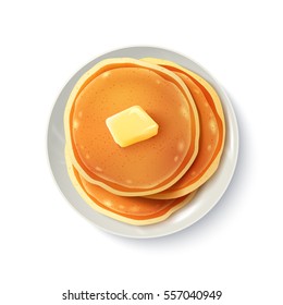 Breakfast food menu item tasty fluffy homestyle pancakes with butter plate realistic top view image vector illustration  svg