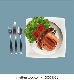 Breakfast food mix sausages grilled decorate with french fried, lettuce and tomato, vector vintage color style