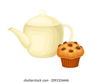 Breakfast food, morning time concept. White ceramic teapot and cupcake cartoon vector illustration