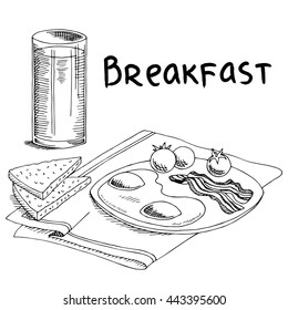 Breakfast food omelet bread graphic art black white sketch illustration vector