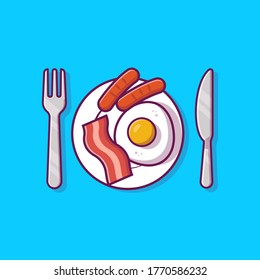 Breakfast Food On Plate with Egg and Sausage Cartoon Vector Icon Illustration. Breakfast Icon Concept Isolated Premium Vector. Flat Cartoon Style