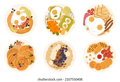 Breakfast food on plate set, top view vector illustration. Cartoon morning dish menu collection for cafe, home or hotel. Sausages with fried eggs, avocado toasts, waffles, pancakes isolated on white