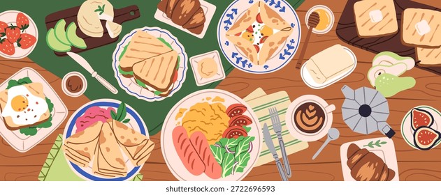 Comida de desayuno en la mesa, vista superior. Comida de la mañana con café, huevos, tostadas y sándwiches, croissant, mantequilla y miel, frutas, salchichas. Muchos platos, tortilla, crepes. Ilustración vectorial plana