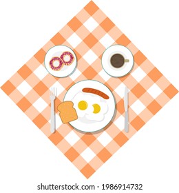 Desayuno, desayuno, comida en un mantel, menú de desayuno. Ilustración vectorial. Vector.