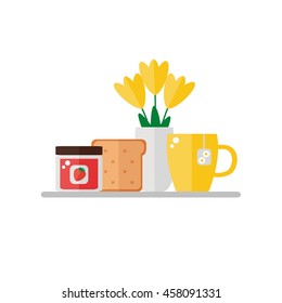 Breakfast food on white background. Fruit jam, toast bread, cup of tea, vase of flowers. Flat style vector illustration. 