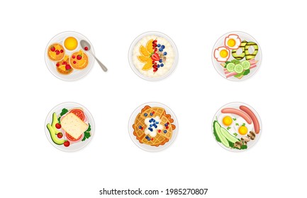 Breakfast Food with Pancakes and Scrambled Eggs Served on Plate Above View Vector Set