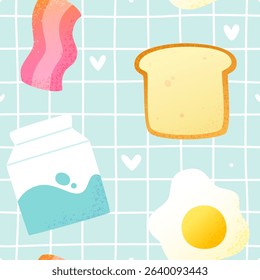 Breakfast food pattern. Seamless vector print with textured morning food.