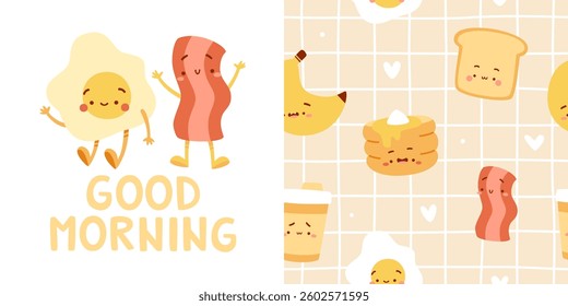 Breakfast food pattern set. Seamless vector print with morning food for kids pajamas.