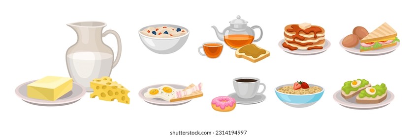 Breakfast Food with Porridge Bowl, Teapot, Milk Jug and Pancakes Vector Set