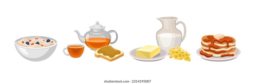 Breakfast Food with Porridge Bowl, Teapot, Milk Jug and Pancakes Vector Set