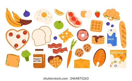 Set de productos de desayuno. Diversos platos sabrosos y nutritivos para la colección de ingredientes frescos. Productos de alimentación para el almuerzo. Ilustración vectorial en estilo de dibujos animados. Aislado sobre fondo blanco