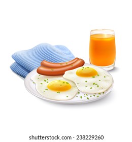 Breakfast food realistic set with orange juice fried eggs with sausage and napkin vector illustration