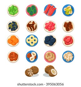 Breakfast Food Sample Plates Collection Simplified Flat Vector Design Icons On White Background