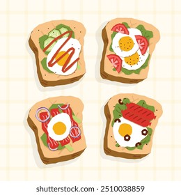 Colección de ilustración de pan de huevo de sándwich de comida de desayuno. Estilo de Vector plano aislado