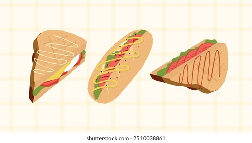 Café da manhã comida sanduíche ovo pão ilustração coleção. Estilo de vetor plano isolado