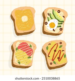 Café da manhã comida sanduíche ovo pão ilustração coleção. Estilo de vetor plano isolado