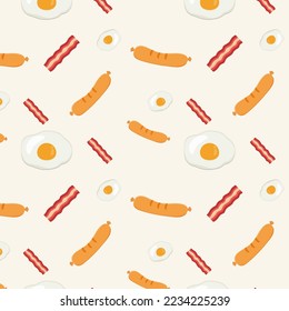 Breakfast food seamless pattern background. Egg, sausage, bacon, Morning breakfast, traditional ornament for fashion textile, cloth, cartoon illustration Vector. 