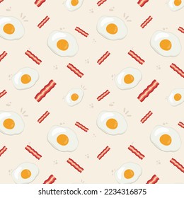Breakfast food seamless pattern background. Egg, bacon, Morning breakfast, traditional ornament for fashion textile, cloth, cartoon illustration Vector. 