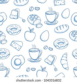 breakfast food in seamless pattern with doodle style