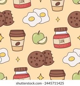 breakfast food seamless pattern, fried egg, coffee cup, apple, jam, cookie, hand drawn colorful design, repeating illustration for print, wrapping paper, backgrounds and more
