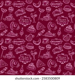 Breakfast food seamless pattern with hand drawn sketch food symbols, vintage style