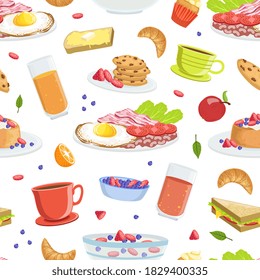 Breakfast Food Seamless Pattern, Tasty Morning Meal Dishes Design Element Can Be Used for Website, Cooking Book, Restaurant Menu, Wrapping Paper Vector Illustration