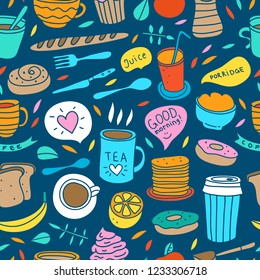 Breakfast food seamless pattern. Vector background with doodle food and drink illustrations