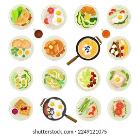 Breakfast Food Served on Plate Above View Big Vector Set