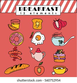 Breakfast food set with 12 elements