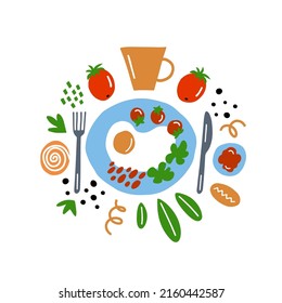 Breakfast food set concept. Plate with fried egg, bean, tomato, salad, fresh bread, olives, coffee mug. Vector illustration with top view of mornimg meal. 
