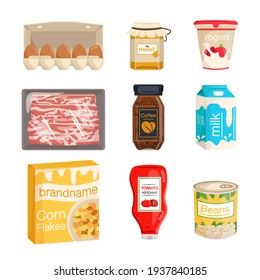 Breakfast food set. Eggs, honey, yogurt, bacon, coffee, milk, corn flakes, tomato ketchup and beans. Vector illustration.