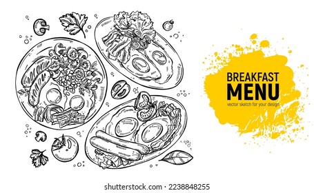 Breakfast food set, eggs, sausages, bacon and spices. Hand-drawn vector sketch for menu.