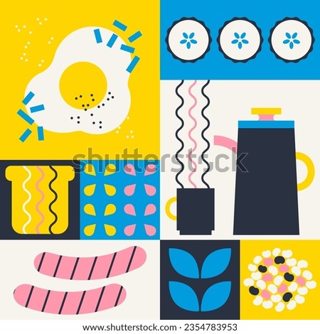 Breakfast food set in flat style. Minimalist illustration of egg, coffee, tea, sausages, vegetables, toast bread. Simple, geometric, modern style. Abstract vector pattern design.