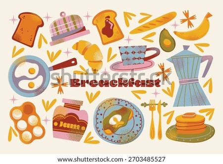 Breakfast food set fried eggs, toasts, croissant, coffee moka pot, cup, pancakes, avocado, banana, butter dish, and jam jar. Flat vector illustration kitchen utensils. Food and morning meal concept