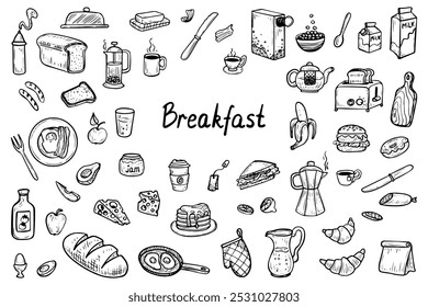 Breakfast food set hand drawn doodle. Ingredients, drinks, utensils for morning meal. Eggs, pancakes, fruits, bread, butter, coffee, juice. Glass, plate, fork. Vector sketch line art illustration.