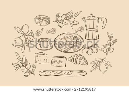 Breakfast food set hand drawn, French breakfast coffee with croissant and sunny-side up eggs. Doodle collection of tasty and healthy snack.