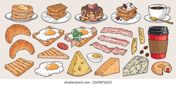 Breakfast food set logotypes colorful with egg and bacon sandwiches or croissants and cheese for morning snacks vector illustration